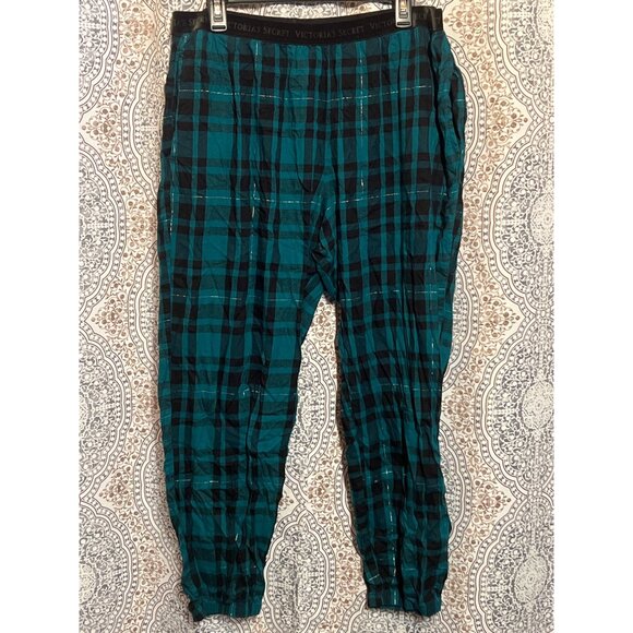 Victorias Secret Plaid Metallic Jogger Lounge Pants Teal Black Checkered XL - Picture 3 of 10